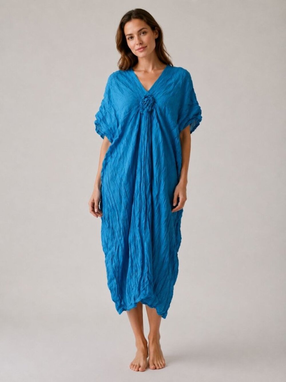 NEW Boho Cotton Kaftan Dress Blue One Size Oversized Crinkle Medallion Thailand